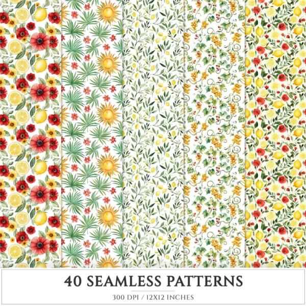 Italian Vibes Seamless Patterns, Mediterranean summer JPEG, Lemon motifs pattern, Italian tiles repeating pattern, Digital scrapbook paper
