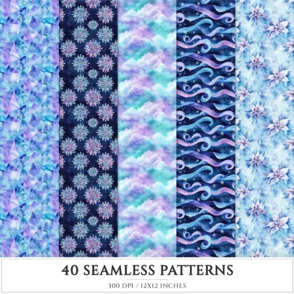 Aurora Aesthetics Seamless Patterns, Northern Lights JPEG, Snowflake pattern, Winter, Polar Night repeating pattern, Digital scrapbook paper