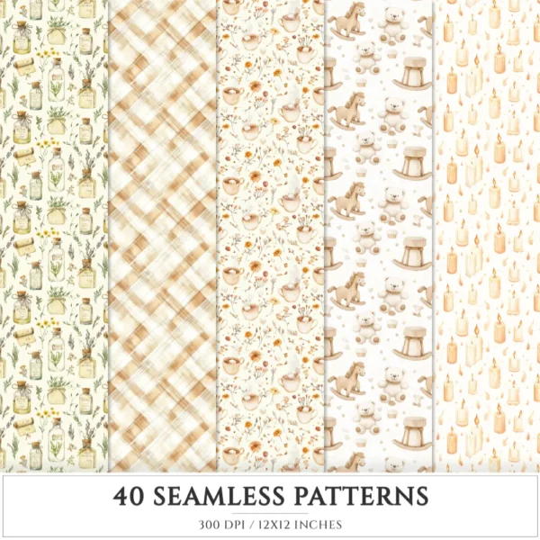 September End Seamless Patterns, Cozy autumn JPEG, Maple and pumpkin pattern, Plaid, Knitted cozy repeating pattern, Digital scrapbook paper
