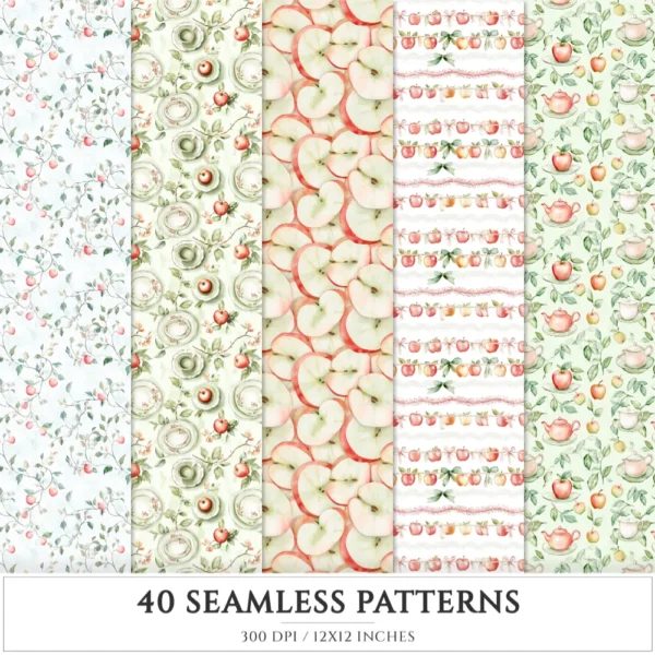Falling Apples Seamless Patterns, Cozy autumn JPEG, Apples pattern, Pie, Leaves, Apple Gingham repeating pattern, Digital scrapbook paper