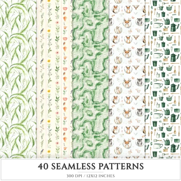 Summer Mountain Seamless Patterns, Mountain flowers JPEG, Pine forest pattern, Meadow, Alpine repeating pattern, Digital scrapbook paper