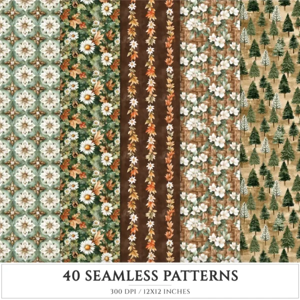 Oktoberfest Seamless Patterns, Cozy autumn JPEG, Bavarian pattern, Leaves, Pumpkin, Alpine tree repeating pattern, Digital scrapbook paper