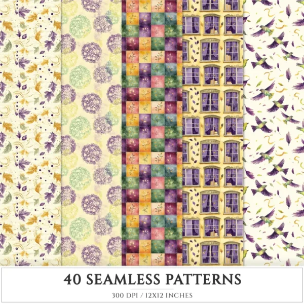 Autumn Notions Seamless Patterns, Artistic autumn JPEG, Pumpkin pattern, Floral, Autumn leaves repeating pattern, Digital scrapbook paper