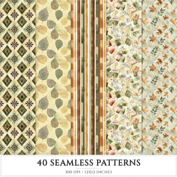 Autumn Gallery Seamless Patterns, Chic fall JPEG, Botanical pattern, Pumpkin, Falling leaves repeating pattern, Digital scrapbook paper