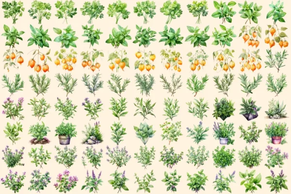 Herbs Watercolor Clipart Bundle - 575+ transparent PNG, Herbal plant graphics, Medicinal culinary images, Commercial use, Digital download