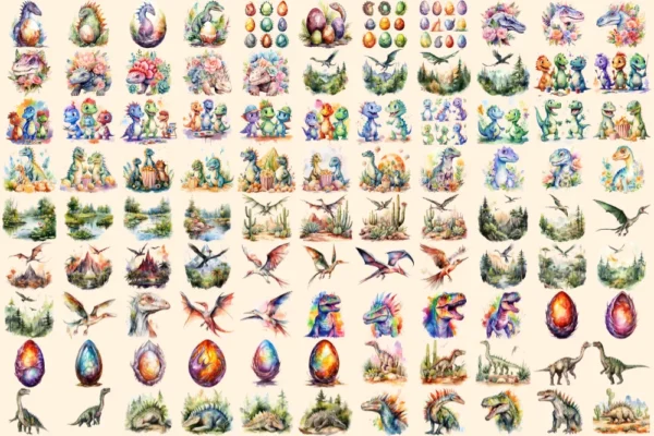Dinosaurs Watercolor Clipart Bundle - 690+ transparent PNG, Dino graphics, Ancient dinosaur creature png, Commercial use, Digital download