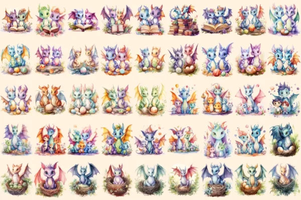 Baby Dragons Watercolor Clipart Bundle - 310+ transparent PNG, Dreamy fairytale images, Charming storybook, Commercial use, Digital download