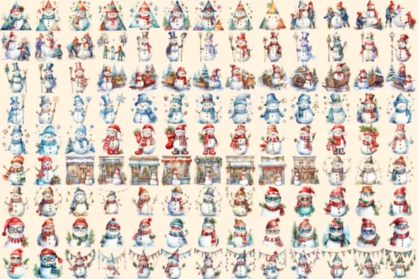 Snowman Watercolor Clipart Bundle - 755+ transparent PNG, Snowman illustrations, Delightful winter snowman, Commercial use, Digital download