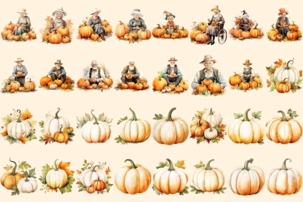 Pumpkin Watercolor Clipart Bundle - 205+ transparent PNG, Autumn pumpkin illustrations, Halloween art png, Commercial use, Digital download