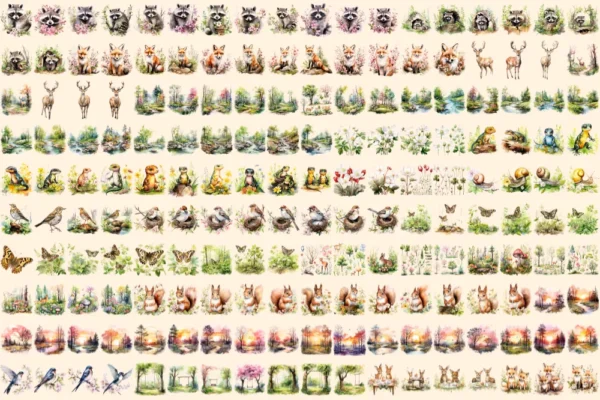 Spring Woodland Watercolor Clipart Bundle - 1185+ transparent PNG, Spring forest graphics, Warm nature png, Commercial use, Digital download