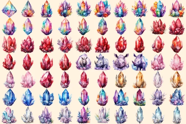 Crystals Watercolor Clipart Bundle - 470+ transparent PNG, Crystal illustrations, Enchanted gem graphics, Commercial use, Digital download