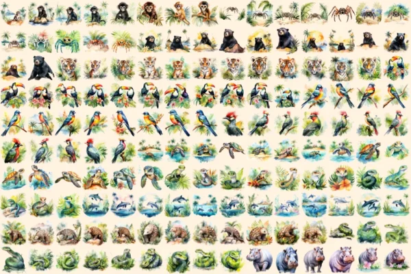 Tropical Animals Watercolor Clipart Bundle - 1030+ transparent PNG, Wild animal illustrations, Jungle png, Commercial use, Digital download