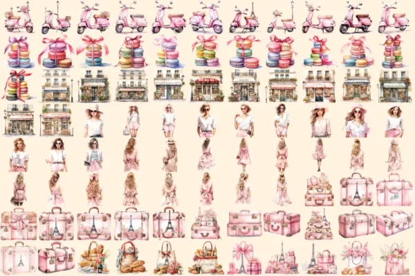 Bonjour Paris Watercolor Clipart Bundle - 575+ transparent PNG, Pink paris graphics, French illustrations, Commercial use, Digital download