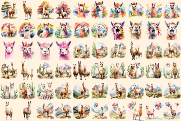 Llamas Watercolor Clipart Bundle - 400+ transparent PNG, Charming alpaca illustrations, Cyte llama images, Commercial use, Digital download