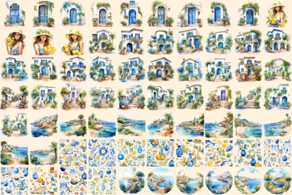 Mediterranean Watercolor Clipart Bundle - 460+ transparent PNG, Bright beach graphics, Olives clipart png, Commercial use, Digital download