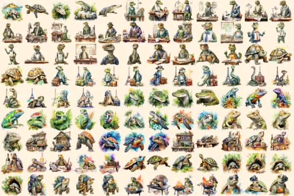 Reptiles Watercolor Clipart Bundle - 705+ transparent PNG, Lizard beast illustrations, Textured reptile png, Commercial use,Digital download
