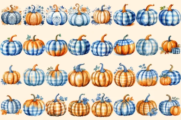Blue Fall Watercolor Clipart Bundle - 205+ transparent PNG, Autumn harvest graphics, Rustic pumpkin floral, Commercial use, Digital download