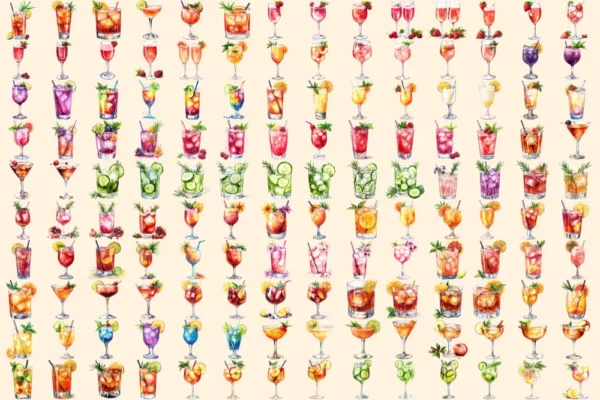 Cocktail Watercolor Clipart Bundle - 970+ transparent PNG, Celebration drinks graphics, Champagne clipart, Commercial use, Digital download
