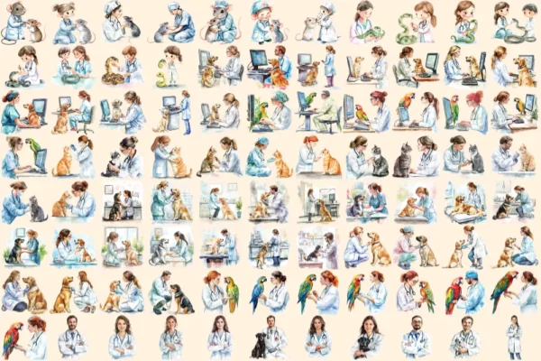 Veterinary Watercolor Clipart Bundle - 600+ transparent PNG, Veterinary care illustrations, Pet health png, Commercial use, Digital download