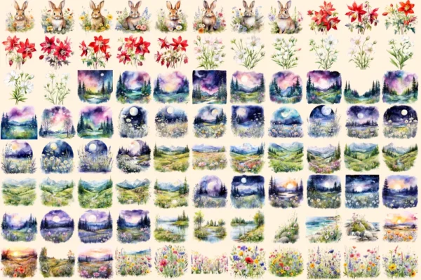Wildflowers Watercolor Clipart Bundle - 604+ transparent PNG, Blooming wildflower graphics, Spring nature, Commercial use, Digital download