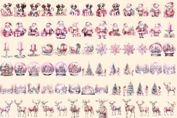 Pink & Silver Christmas Watercolor Clipart Bundle - 503+ transparent PNG, Xmas winter images, Festive png, Commercial use, Digital download