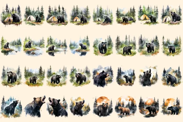Black Bears Clipart Bundle - 200+ transparent PNG, Woodland creature illustrations, Majestic bear graphics, Commercial use, Digital download