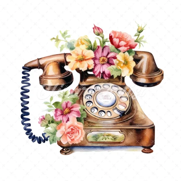 20 High-Quality Antique Floral Telephones Clipart - Telephone digital watercolor JPG instant download for commercial use - Digital download
