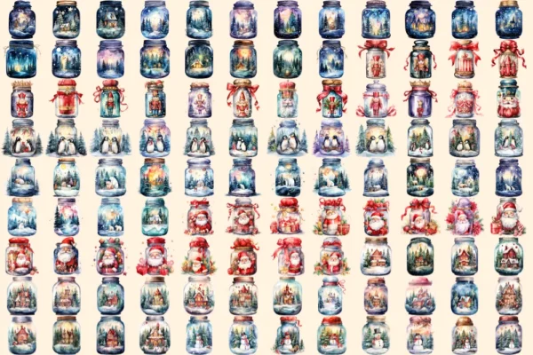 Christmas Magical Jars Watercolor Clipart Bundle - 710+ transparent PNG, Holiday jar png, Festive jar art, Commercial use, Digital download