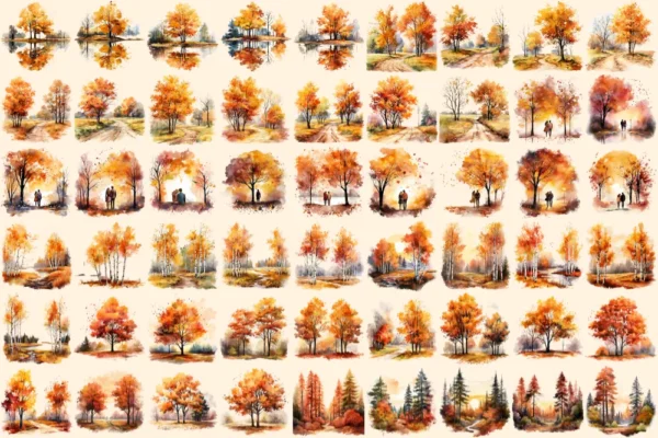 Autumn Trees Watercolor Clipart Bundle - 368+ transparent PNG, Rustic seasonal foliage art, Fall tree png, Commercial use, Digital download