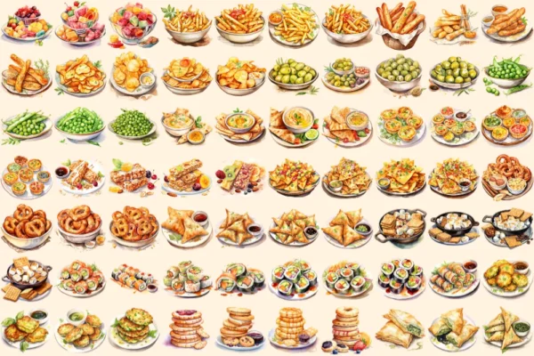 Snacks Watercolor Clipart Bundle - 470+ transparent PNG, Delicious snack variety graphics, Fast food png, Commercial use, Digital download