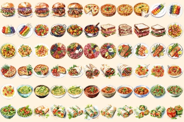 Lunch Foods Watercolor Clipart Bundle - 450+ transparent PNG, Midday feast graphics, Lunchtime meal images, Commercial use, Digital download
