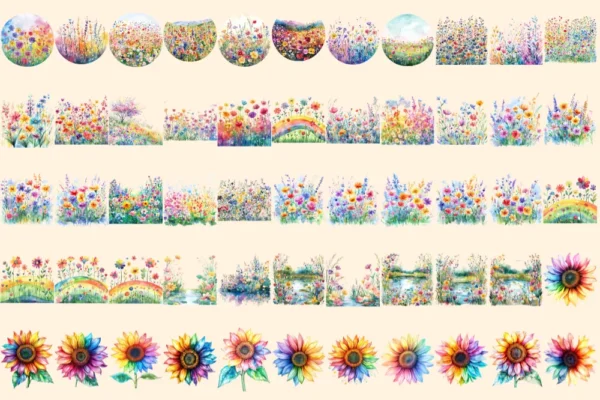 Rainbow Flowers Watercolor Clipart Bundle - 380+ transparent PNG, Vibrant flower graphics, Blossom png, Commercial use, Digital download