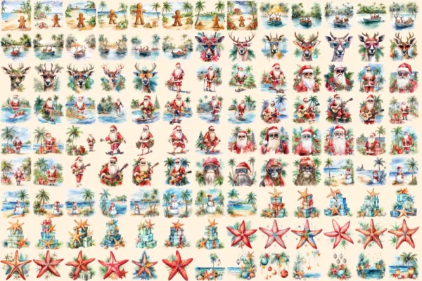 Tropical Christmas Watercolor Clipart Bundle - 790+ transparent PNG, Exotic tropic holiday image,Festive png,Commercial use,Digital download