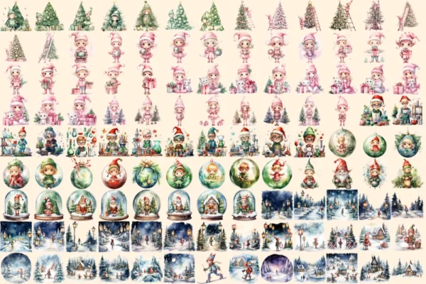 Christmas Elves Watercolor Clipart Bundle - 791+ transparent PNG, Cozy festive magic png, Holiday elf art, Commercial use, Digital download
