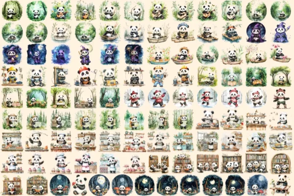 Pandas Watercolor Clipart Bundle - 760+ transparent PNG, Charming panda graphics, Bamboo-loving bear png, Commercial use, Digital download