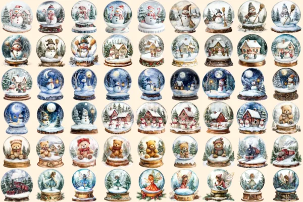 Christmas Snow Globes Watercolor Clipart Bundle - 348+ transparent PNG, Holiday cheer graphics, Cozy winter, Commercial use,Digital download