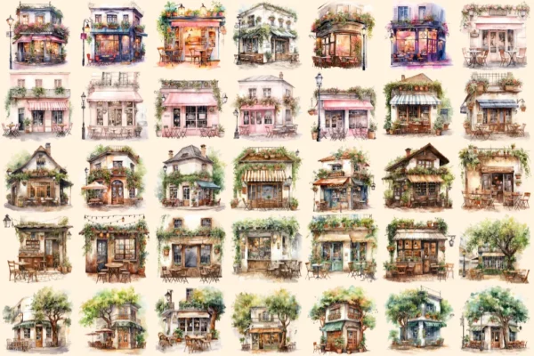Cafes Watercolor Clipart Bundle - 220+ transparent PNG, Charming coffee shop graphics, Delightful bistro art,Commercial use,Digital download