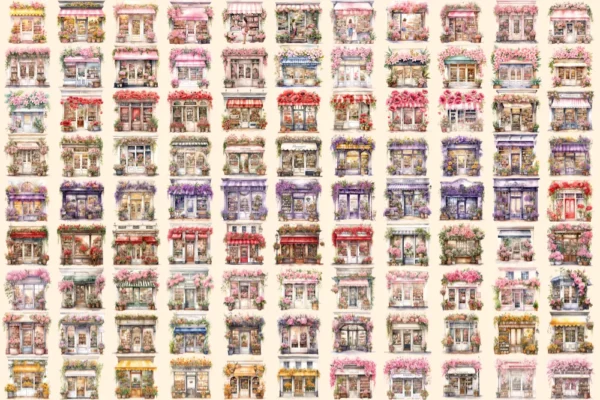 Floral Storefronts Watercolor Clipart Bundle - 675+ transparent PNG, Floral shopfront images, Elegant flower,Commercial use,Digital download