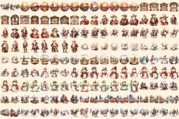 Western Christmas Watercolor Clipart Bundle - 1140+ transparent PNG, Festive western graphics, Cowboy png, Commercial use, Digital download
