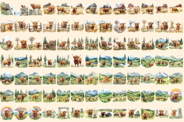Highland Cows Watercolor Clipart Bundle - 625+ transparent PNG, Rustic cattle graphics, Highland cow png, Commercial use, Digital download