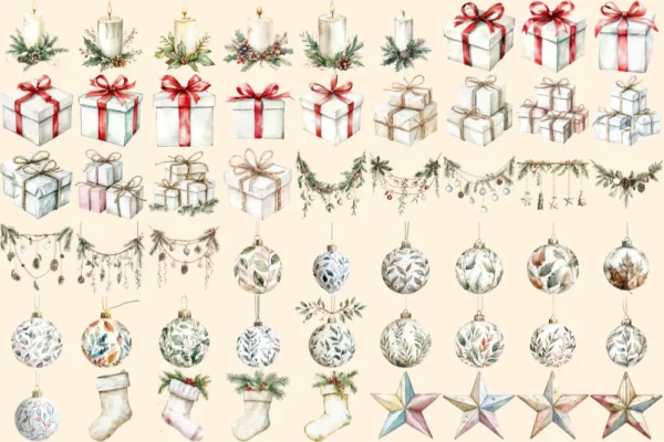 Rustic Christmas Watercolor Clipart Bundle - 348+ transparent PNG, Warm holiday scenes, Rustic x-mas images, Commercial use,Digital download