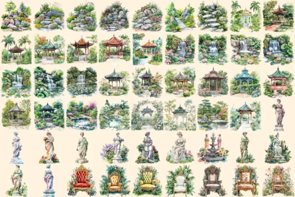 Royal Garden Watercolor Clipart Bundle - 358+ transparent PNG, Royal botanical graphics, Elegant garden png, Commercial use,Digital download