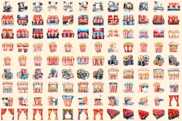 Movie Time Watercolor Clipart Bundle - 760+ transparent PNG, Cinema snacks illustration, Movie night art, Commercial use, Digital download