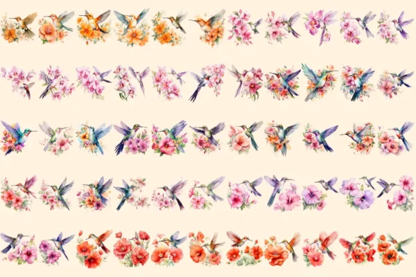 Floral Hummingbirds Watercolor Clipart Bundle - 380+ transparent PNG, Hummingbirds png, Spring bird images, Commercial use, Digital download