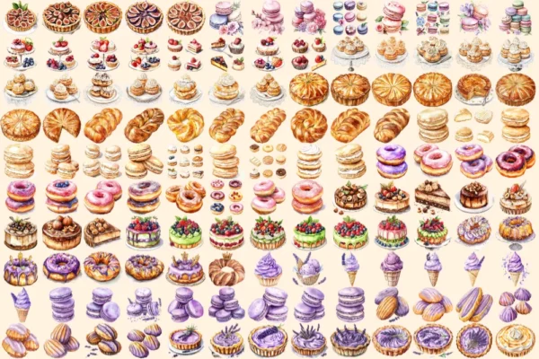 French Pastries Watercolor Clipart Bundle - 895+ transparent PNG, Elegant dessert graphics, Pastry images, Commercial use, Digital download