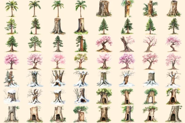 Tree Trunks Watercolor Clipart Bundle - 385+ transparent PNG, Wooden nature illustration, Eco forest art, Commercial use, Digital download