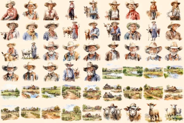 Ranch Watercolor Clipart Bundle - 374+ transparent PNG, Rustic homestead illustration, Western ranch art, Commercial use, Digital download