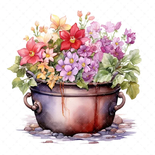 20 High-Quality Floral Cauldron Clipart - Floral cauldron digital watercolor JPG instant download for commercial use - Digital download