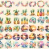 Hawaii Watercolor Clipart Bundle - 365+ transparent PNG, Tropical summer illustration, Pastel surfing png, Commercial use, Digital download