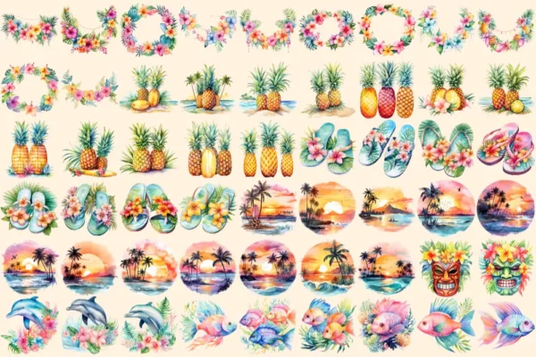 Hawaii Watercolor Clipart Bundle - 365+ transparent PNG, Tropical summer illustration, Pastel surfing png, Commercial use, Digital download